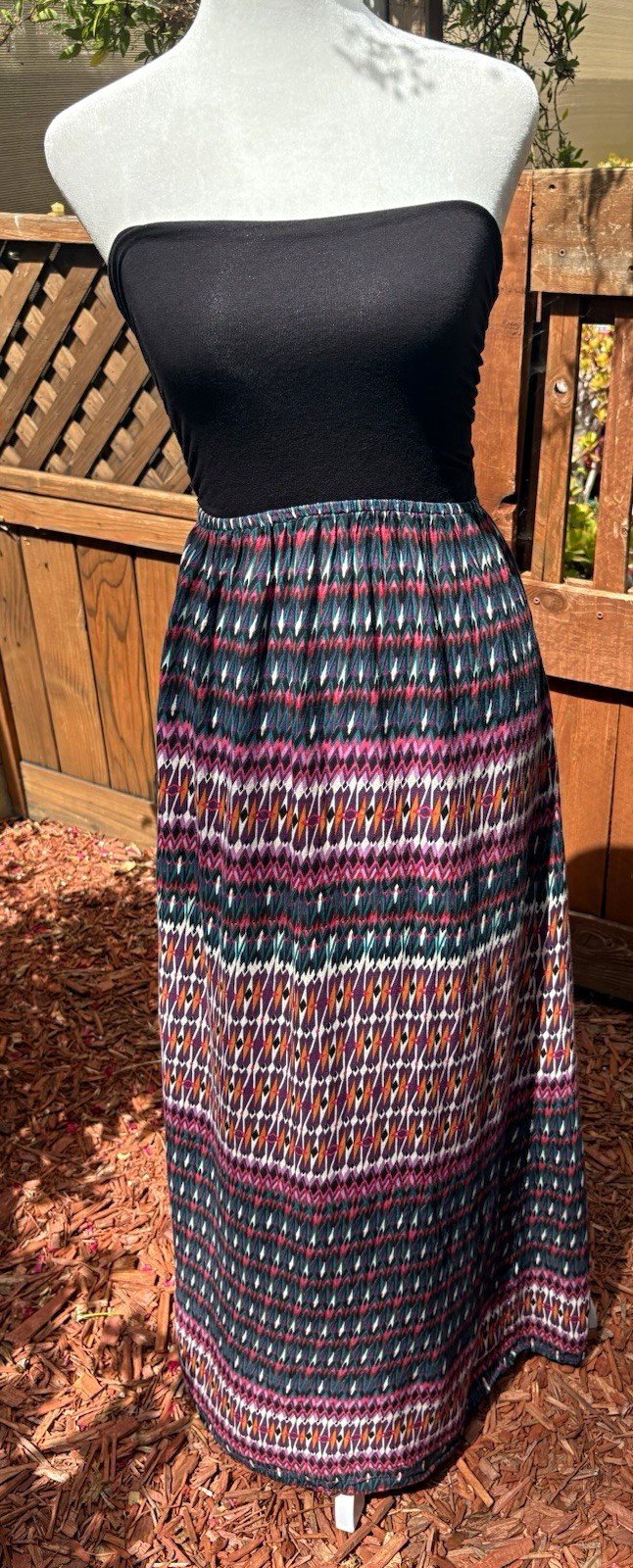 Roxy Strapless Maxi Dress Small Black Tribal Boho Beach Festival Sundress