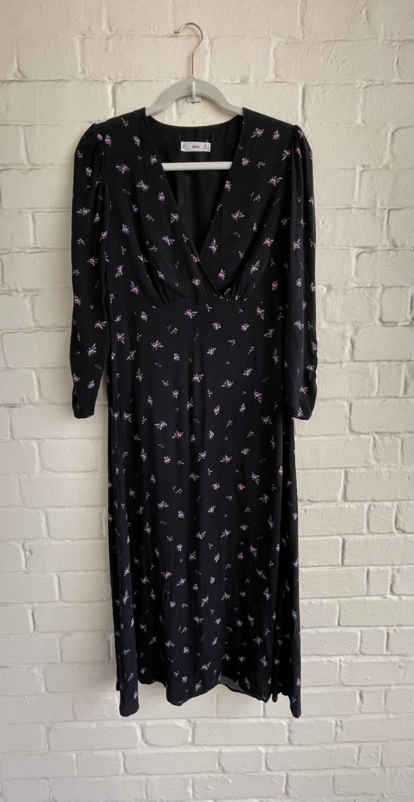 Mango MNG Black & Purple Floral Midi Dress M 3/4 Sleeve Viscose Dress Women’s
