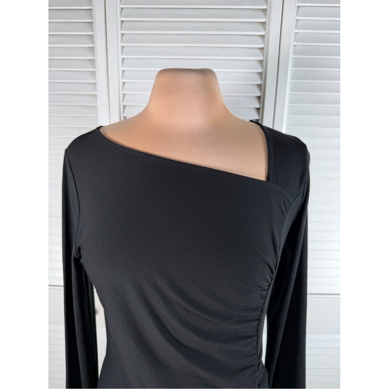 Ann Taylor Black Asymmetrical Ruched Midi Dress Long Sleeve NWT Medium
