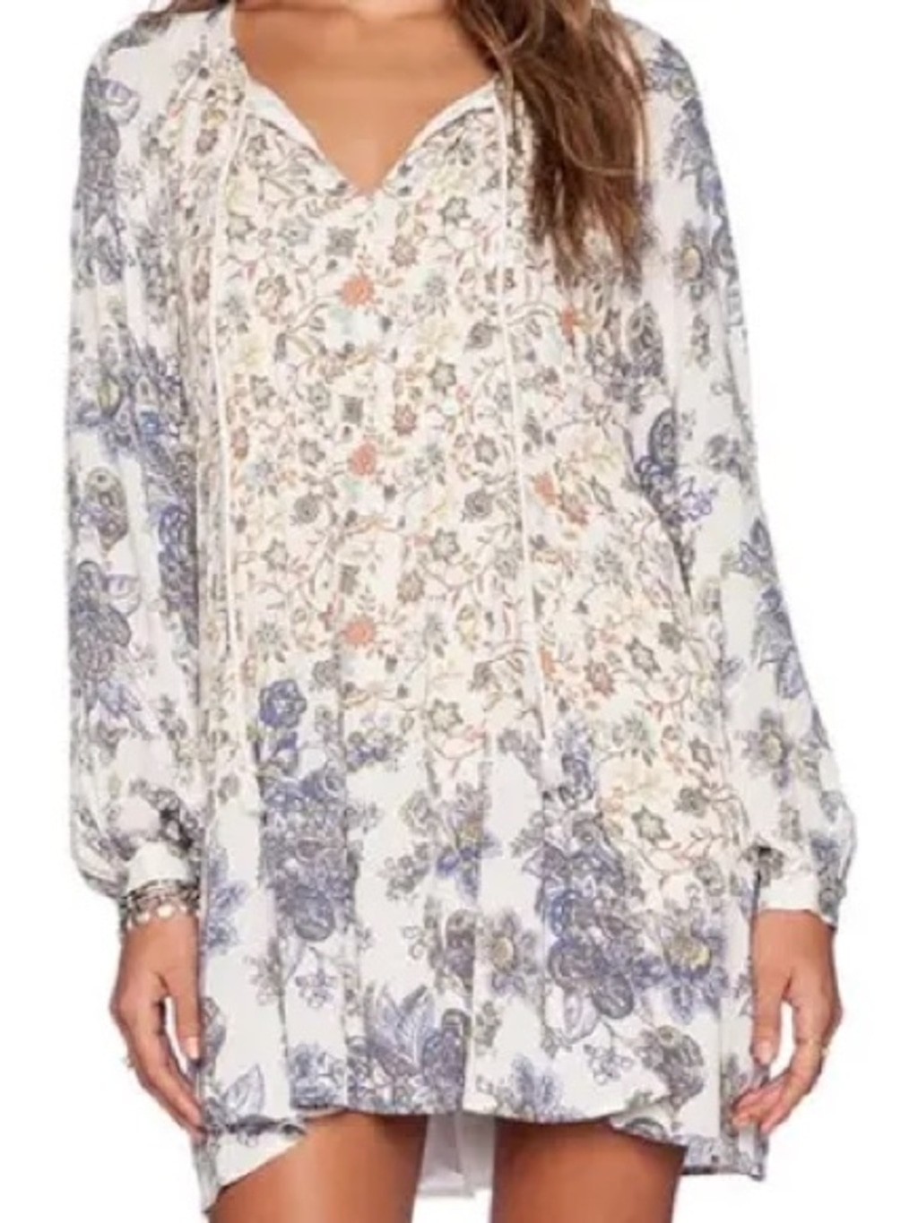 Free People White Floral Long-Sleeve Boho Tunic Dress – Size XS