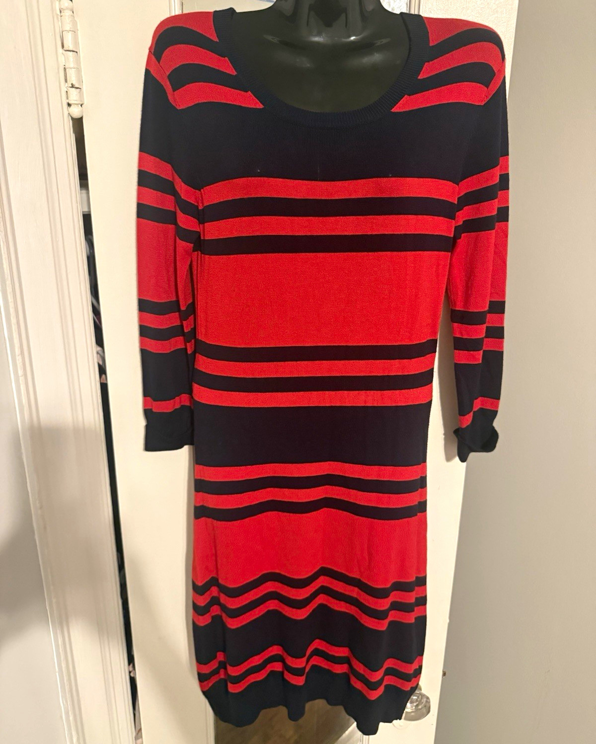 French Connection Red Black Striped Knit Sweater Dress 6 Scoop Neck 3/4 Sleeve