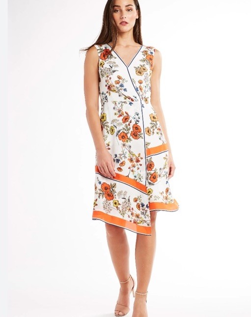 Elie Tahari Janelle Floral Sleeveless Faux Wrap Dress with Orange Trim. Size 4