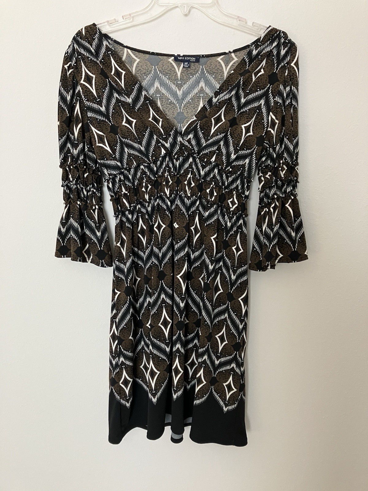 Max Edition Petite MP Brown Black Geometric Smocked Bell Sleeve Dress Midi