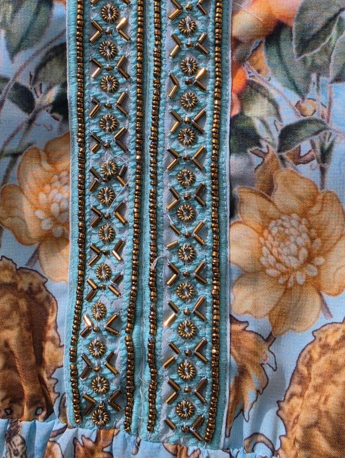 Soft Surroundings Petite Small Light Blue Floral Beaded Tiered Maxi Dress