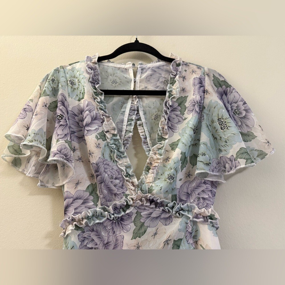 Saints + Secrets Floral Ruffle Open Back Mini Dress – S