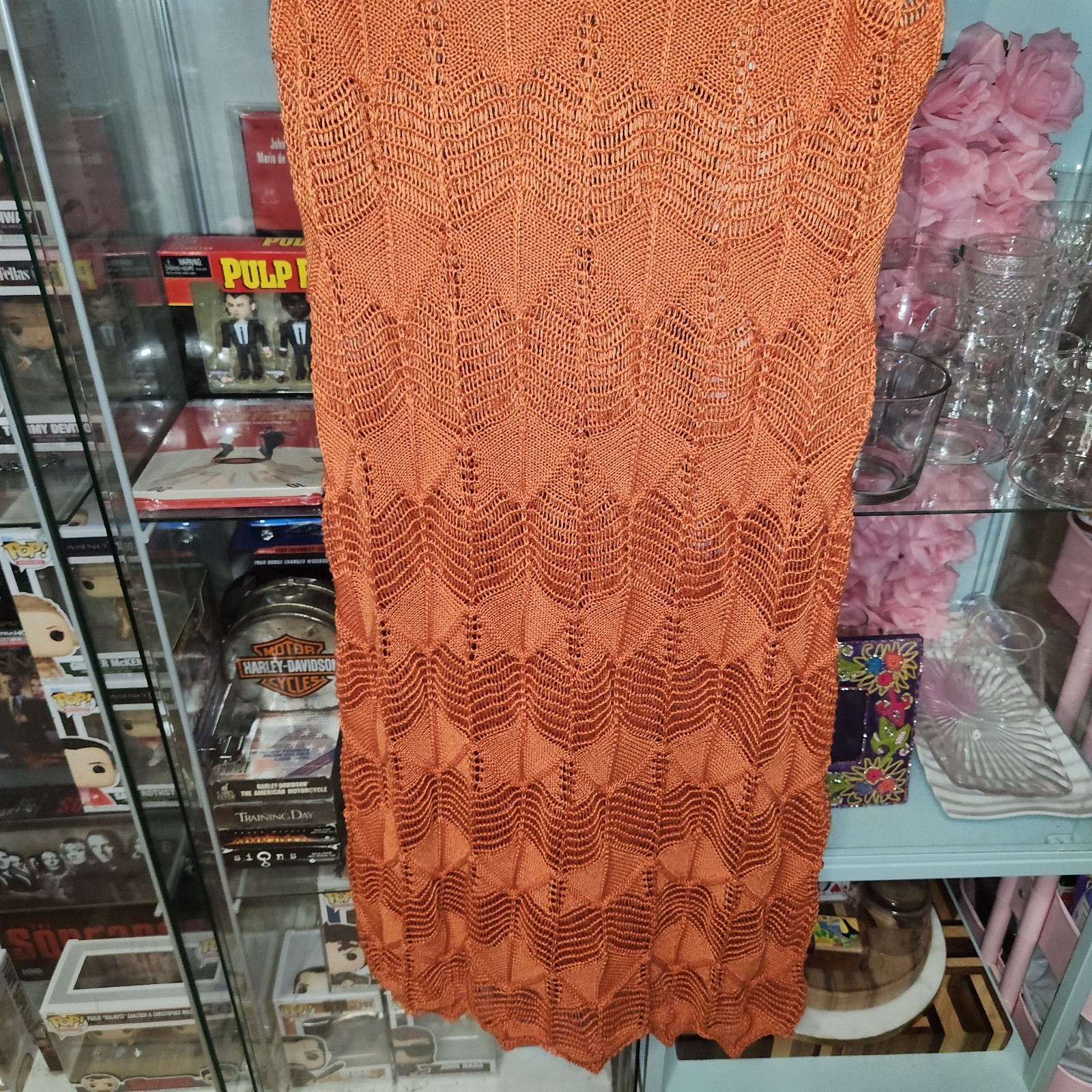 Orange Rust Pointelle Knit Crochey Chevron Mini Dress Cover Up Size Medium