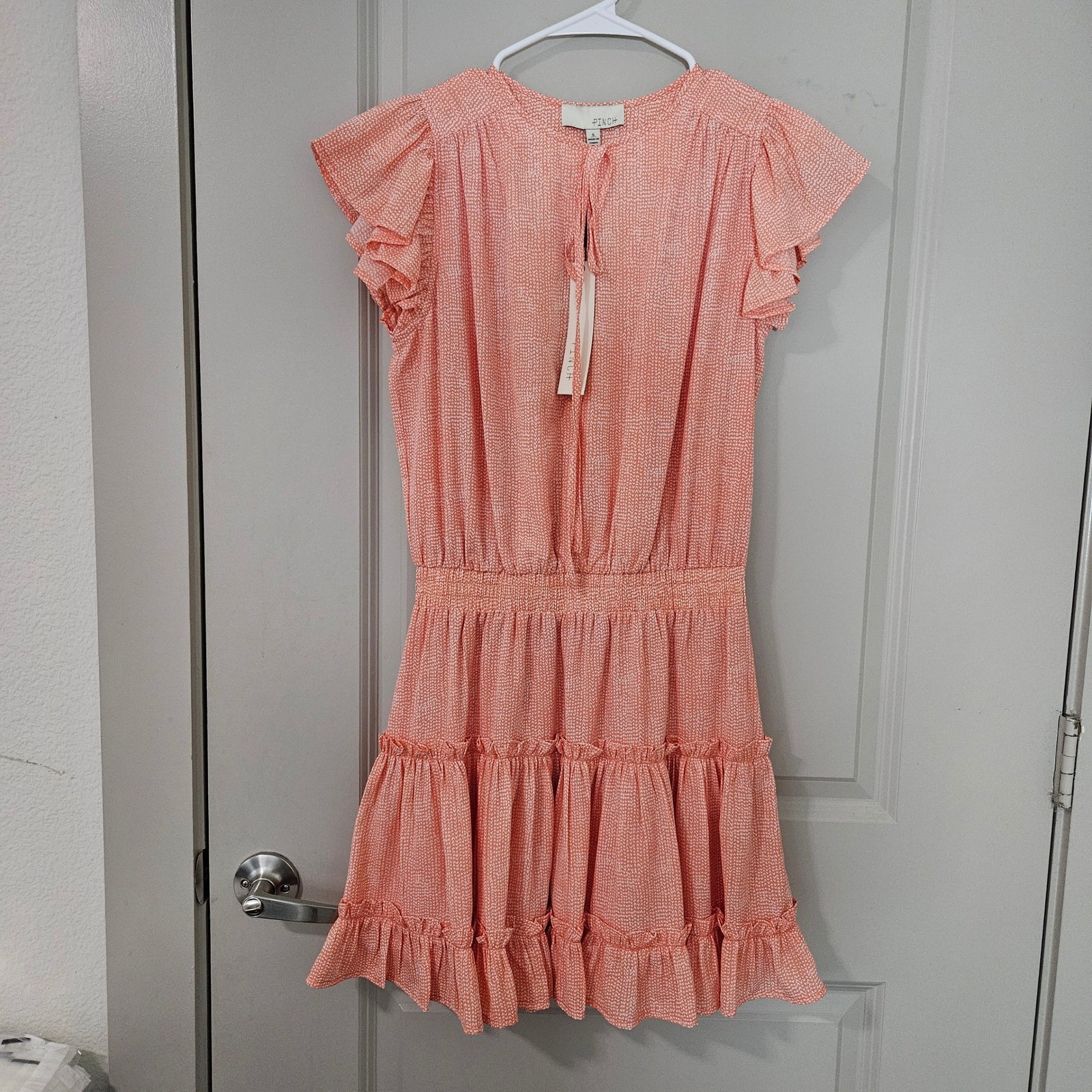 Pinch Coral Heart Print Smocked Tiered Ruffle Mini Dress Small NEW NWT