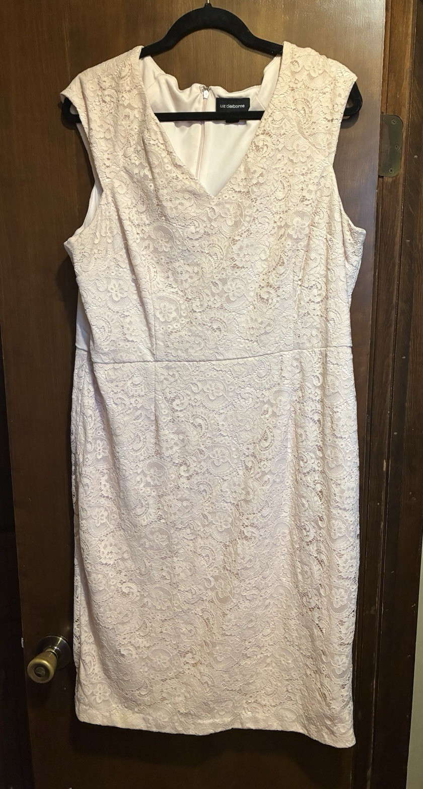 Liz Claiborne Pink Floral Lace V-Neck Sleeveless Sheath Knee Dress 18 Zip