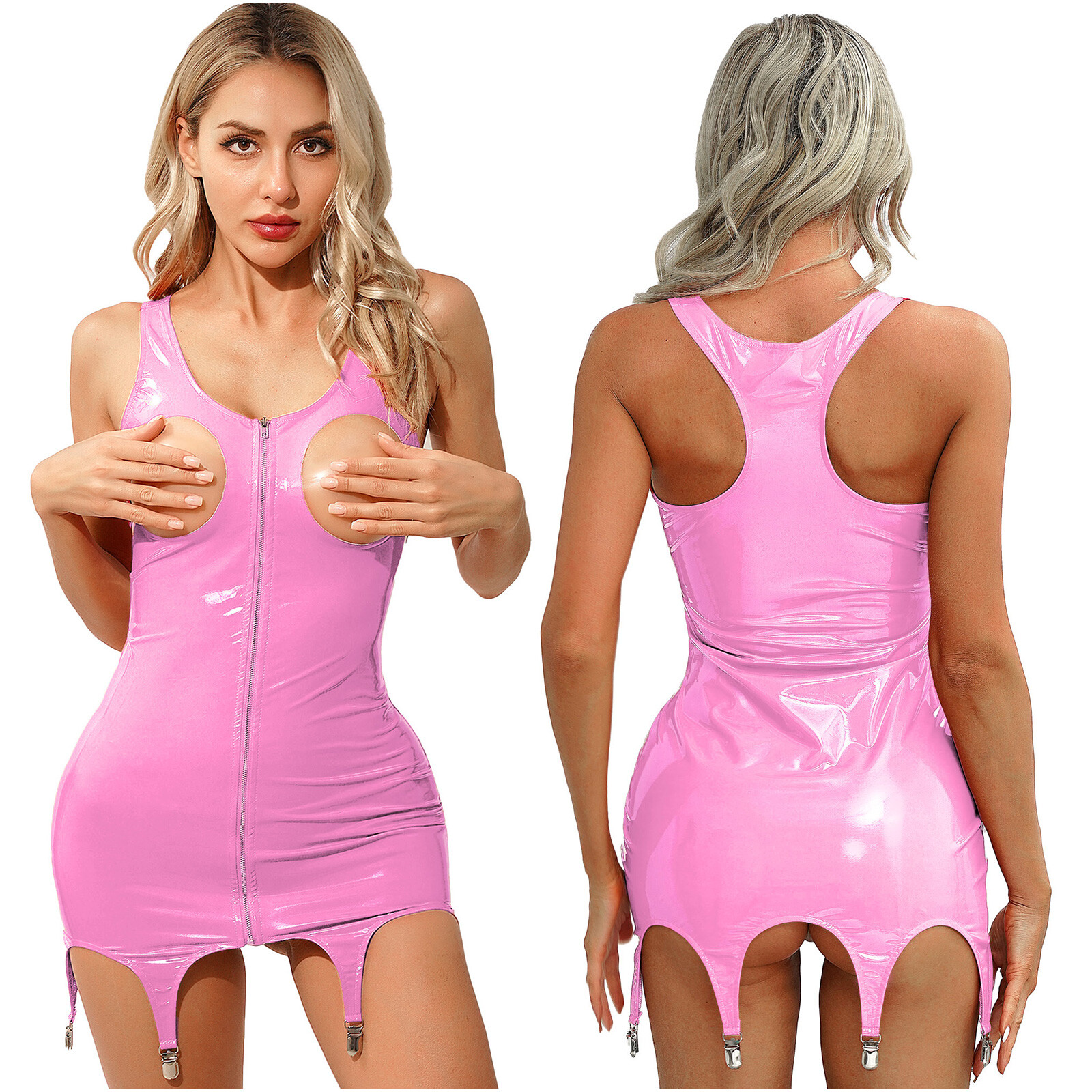 Womens Latex Leather Mini Dress Bodycon Cupless Lingerie Garter Party Clubwear