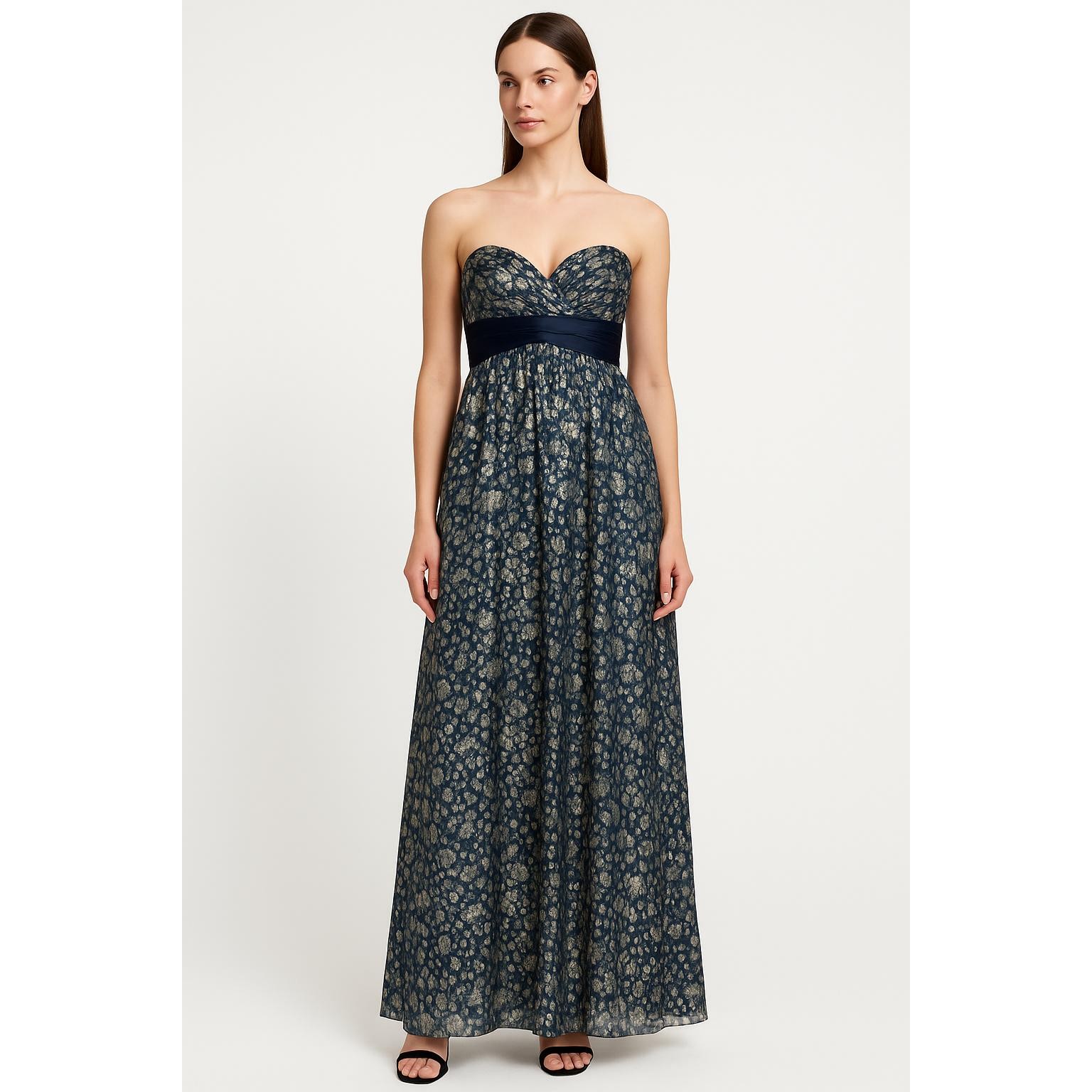 BCBGMAXAZRIA Gown Size 4 Metallic Silk Blend Strapless Sweetheart Navy Blue Gold