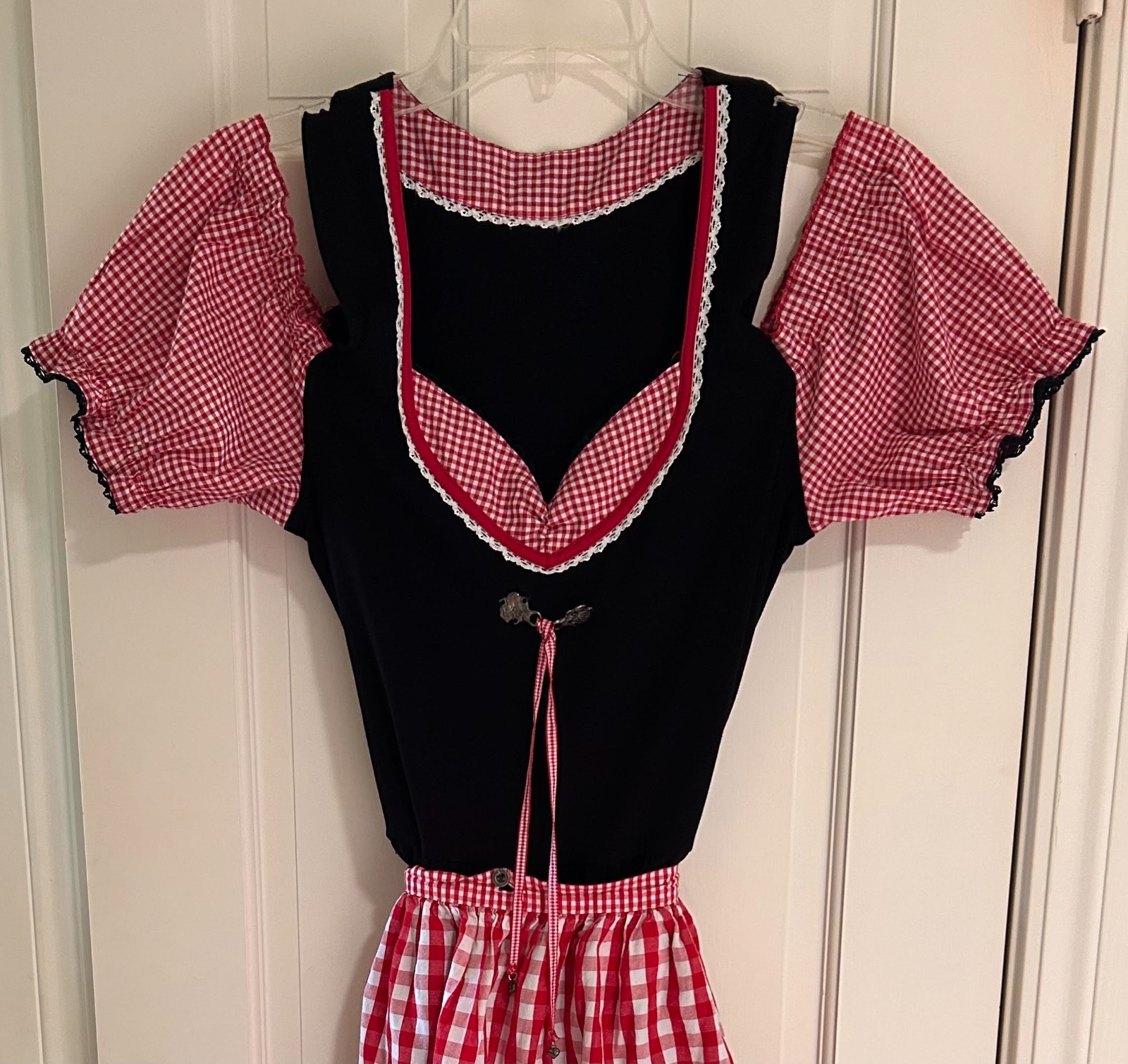 Oktoberfest Dirndl 2 pc Short Black/Red Check Off the Shoulder V-Neck Dress