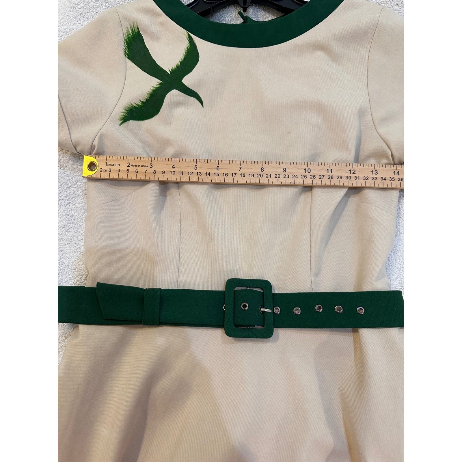 Vintage Style Beige Green Bird Fit Flare Belted Midi Dress Womens Small