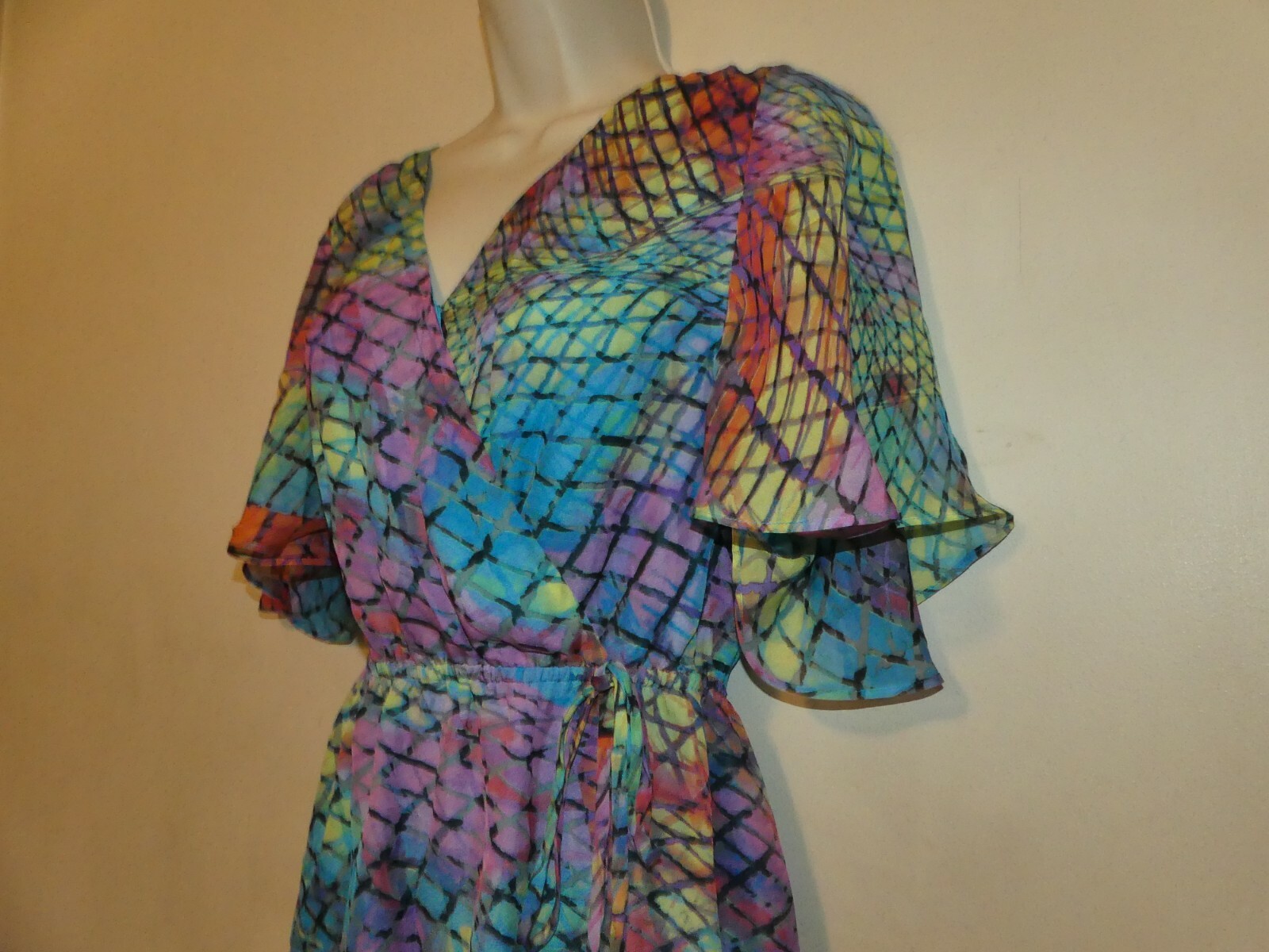 Presley Skye flutter sleeve faux wrap silk dress size XS multicolor print NWT