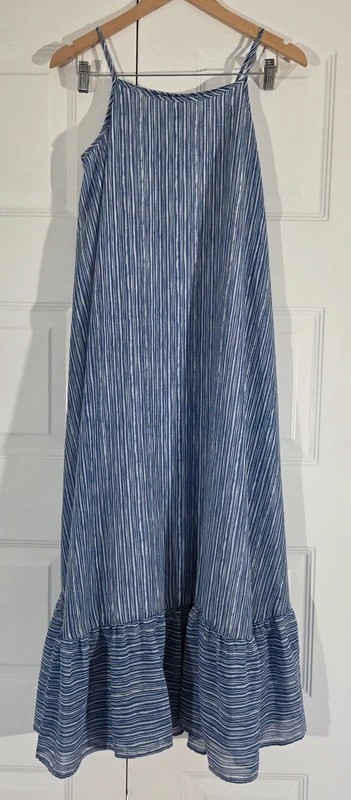 Mud Pie Women’s Small Blue White Striped Sleeveless Maxi Dress Ruffle Hem #1646