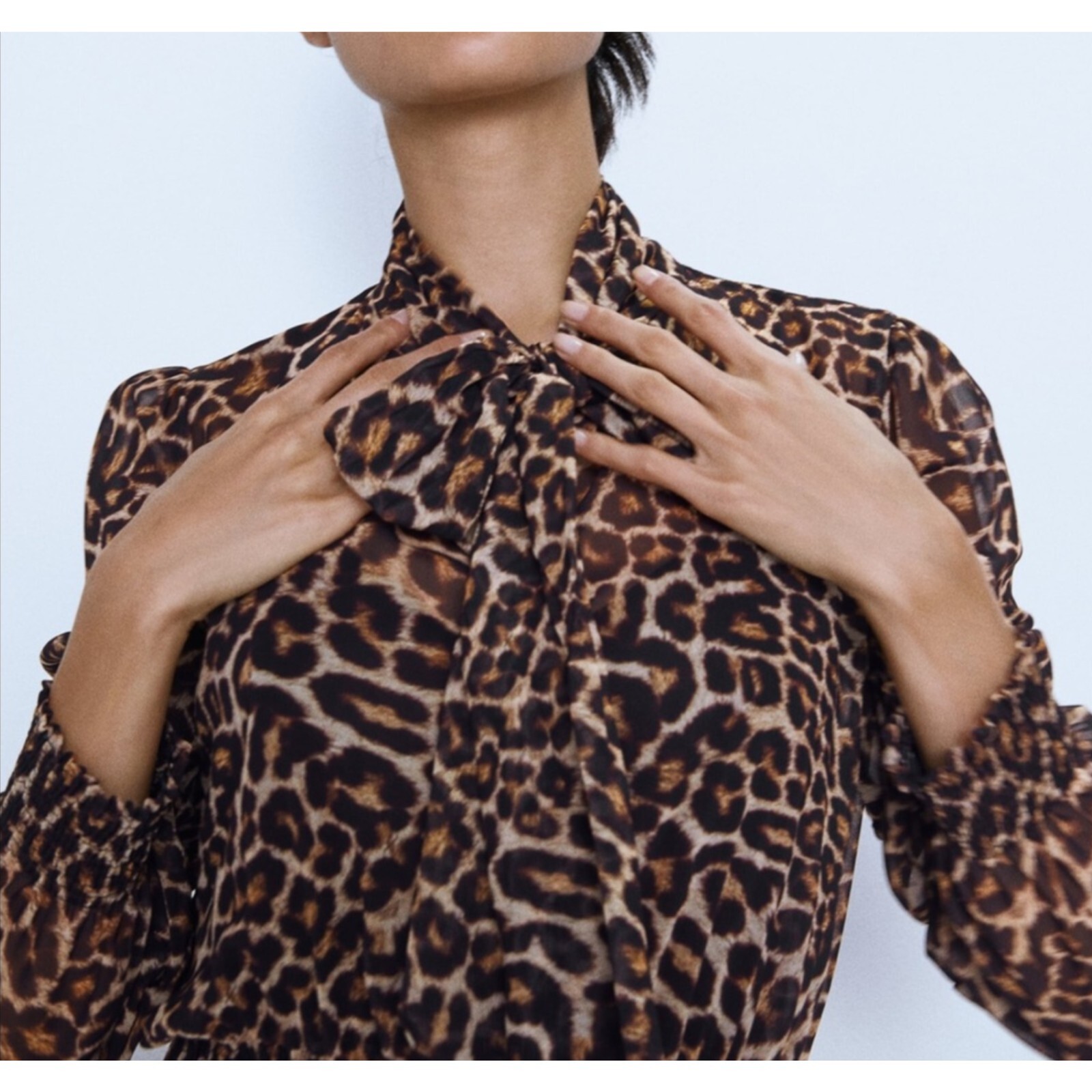 ZARA Cheetah Print Long Dress With Neck Tie Women’s Size XS