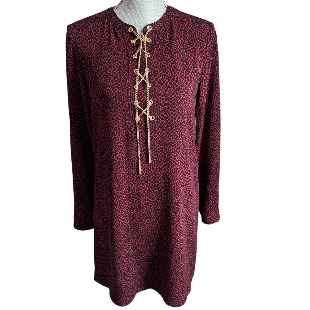 Michael Kors Jersey Dress Womens Small Ruby Red Black Gold Chain Stretch
