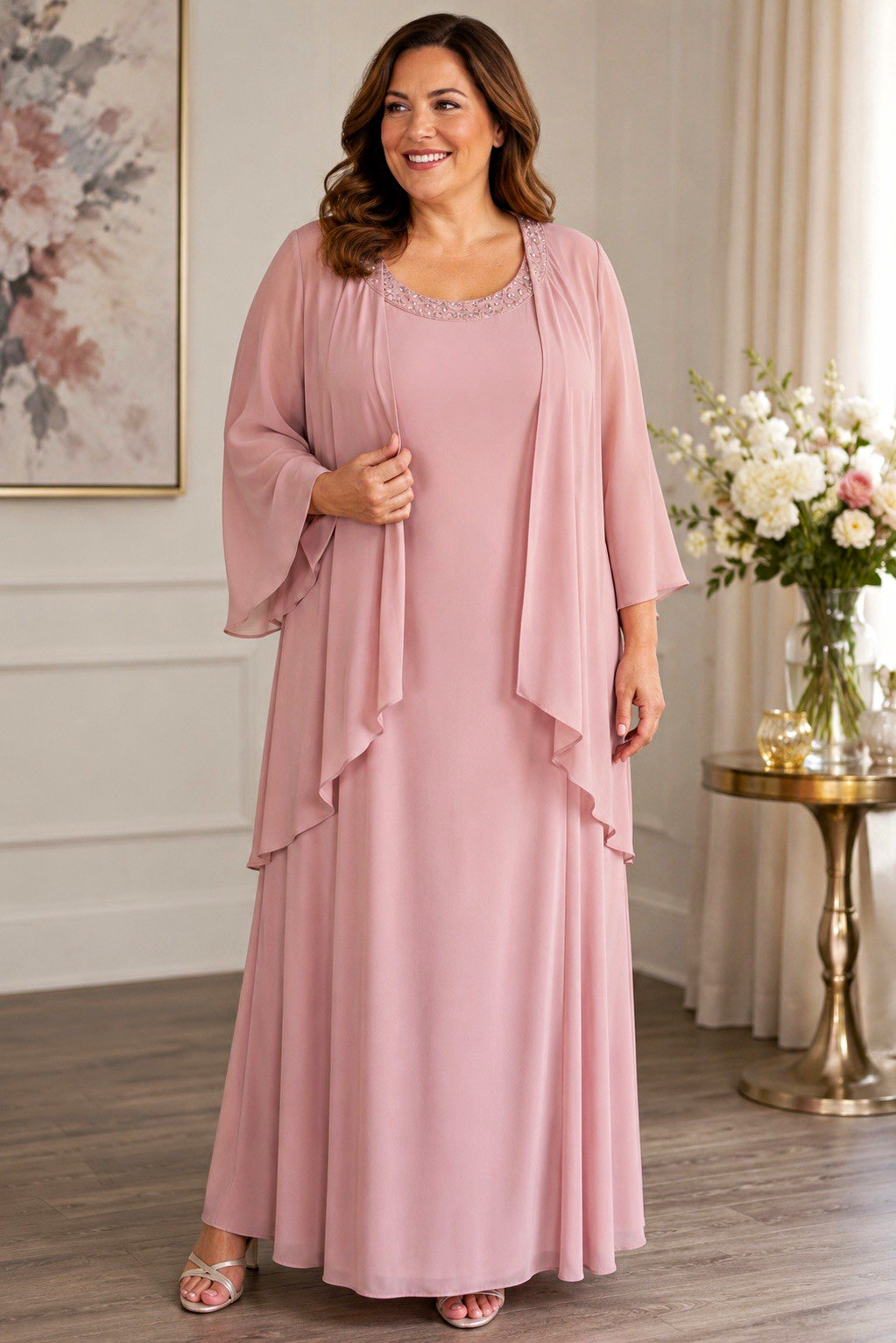 SLNY 22W Pink Long Chiffon Cape Sleeve Gown Beaded Scoop Neck Lined