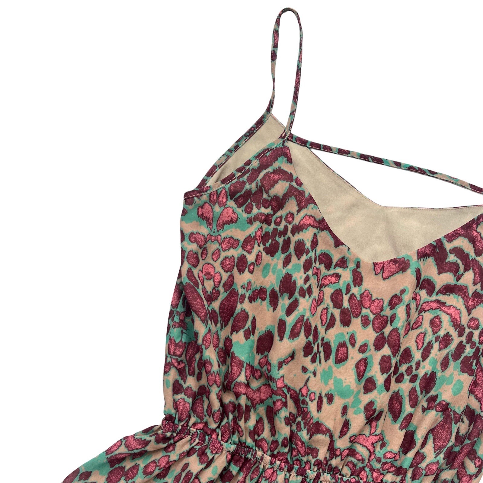 Miss Me Womens Size Medium Tan Teal Pink Animal Abstract Pattern Tank Mini Dress