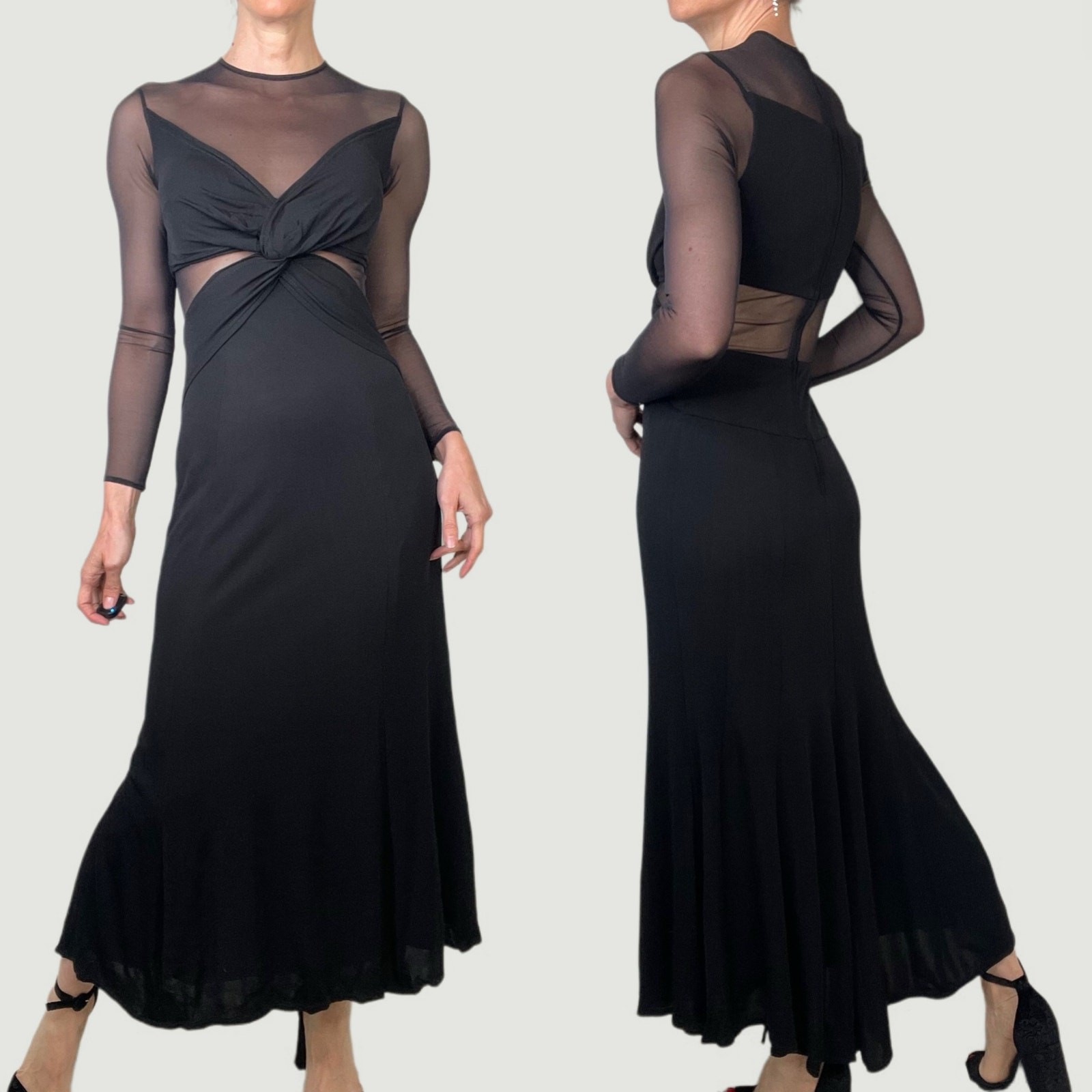 Cache Tadashi sheer illusion maxi dress vintage 90s Y2K mesh long sleeve gown S