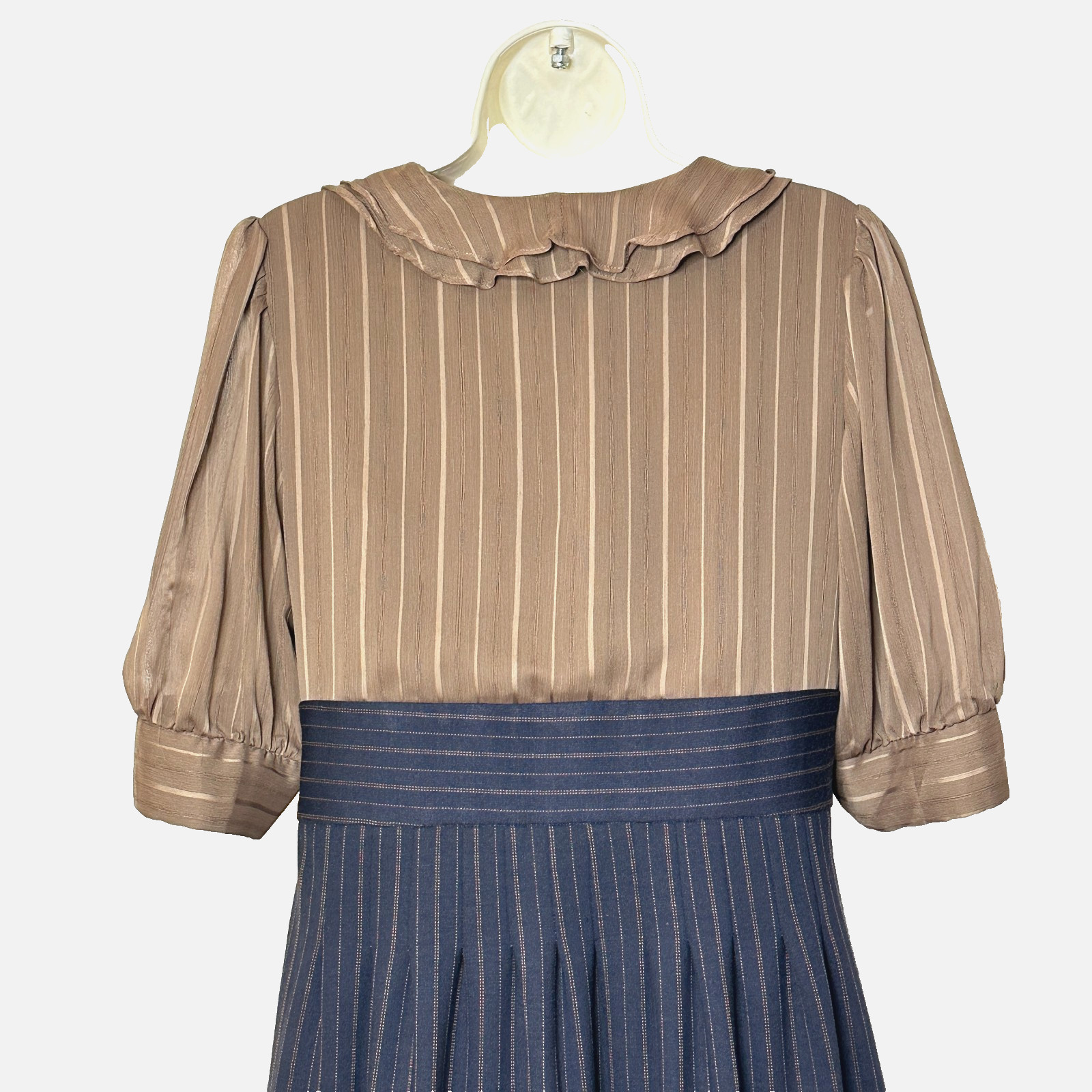 Rabbit Rabbit Rabbit Designs Tan Navy Pinstripe Balloon Sleeve Dress Women’s 8