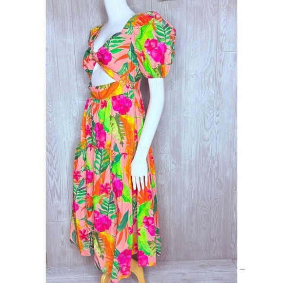 SHEIN floral tropical maxi dress vacation beach cutout and puff sleeves small