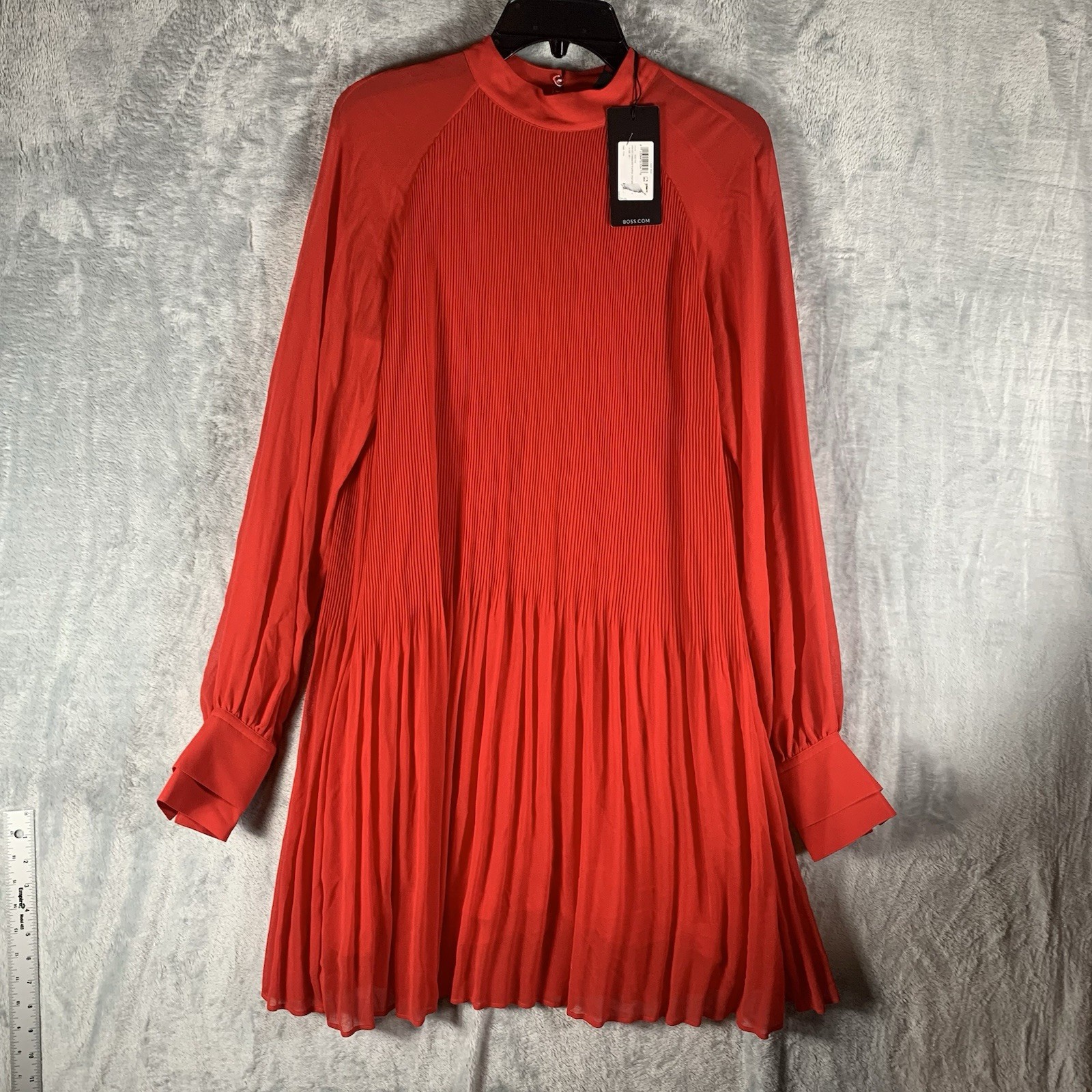 Hugo Boss Women’s Dress 6 Dolumi Red Long Sleeve Sheer Pleated Shift Mock Neck