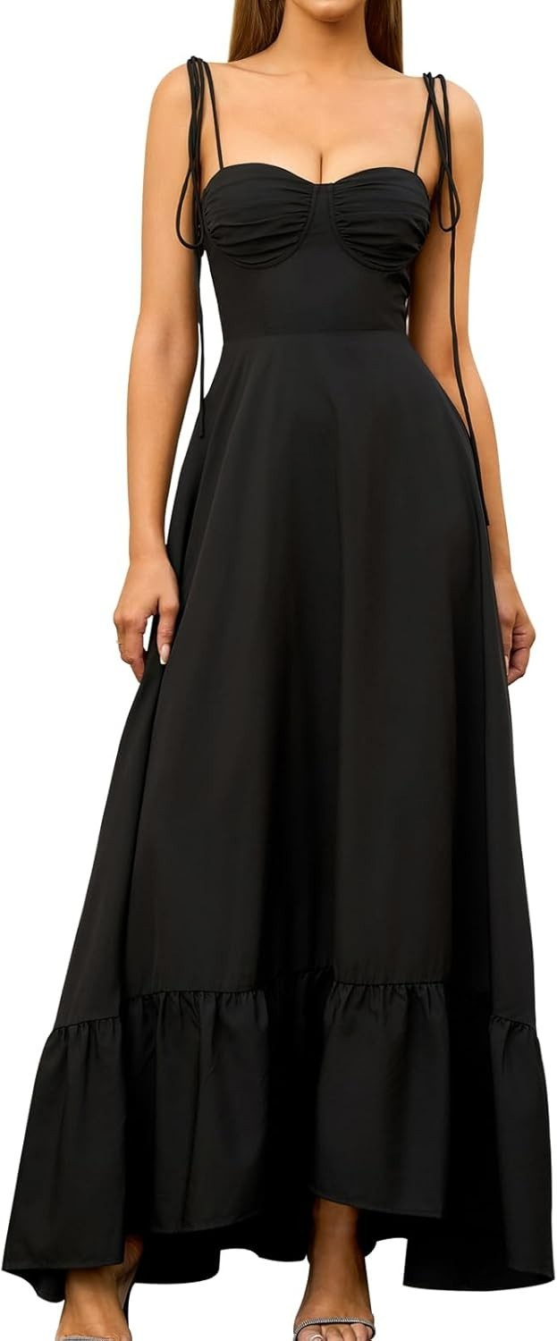 GLNEGE Women’s Maxi Dress MEDIUM Black Spaghetti Strap Wedding Guest Party Dress
