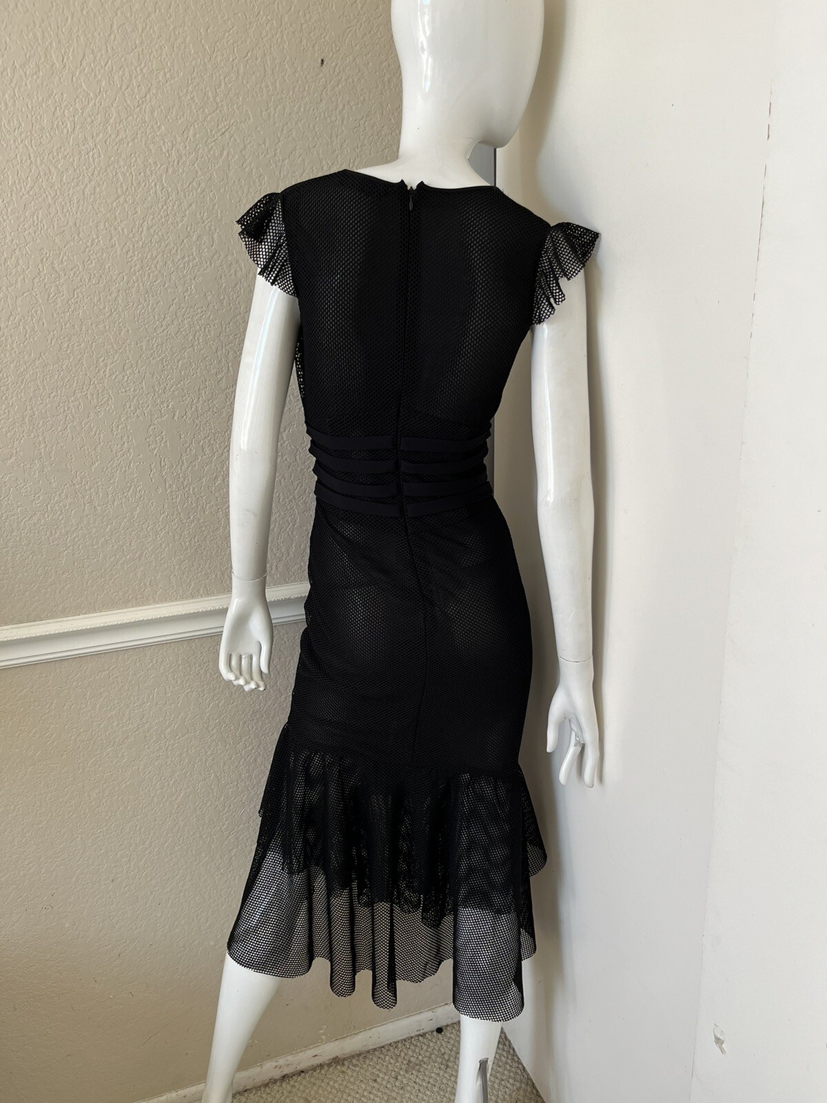 GEORGINE RARE! VTG! Black Mesh Flutter Sleeve Ruffled Hem Midi Sheath Dress Sz 4