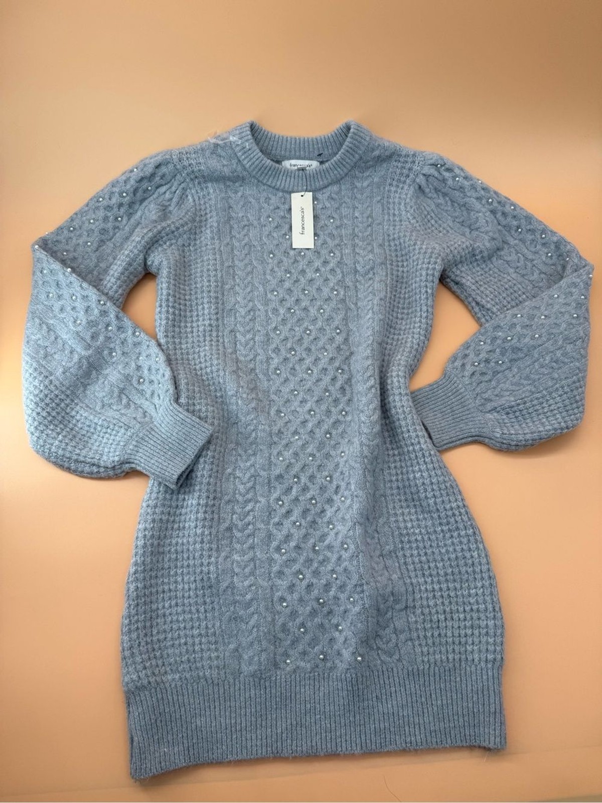 Francesca’s Pale Grey Beaded Pearls Cable Knit Sweater Dress