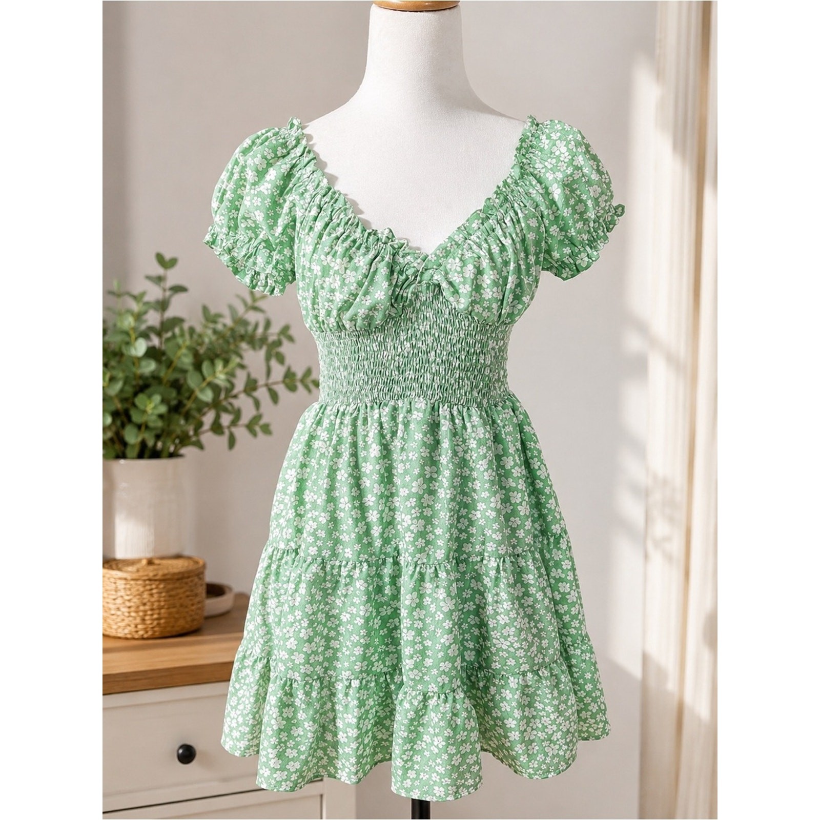 Princess Polly Mint Green Floral Smocked Mini Dress