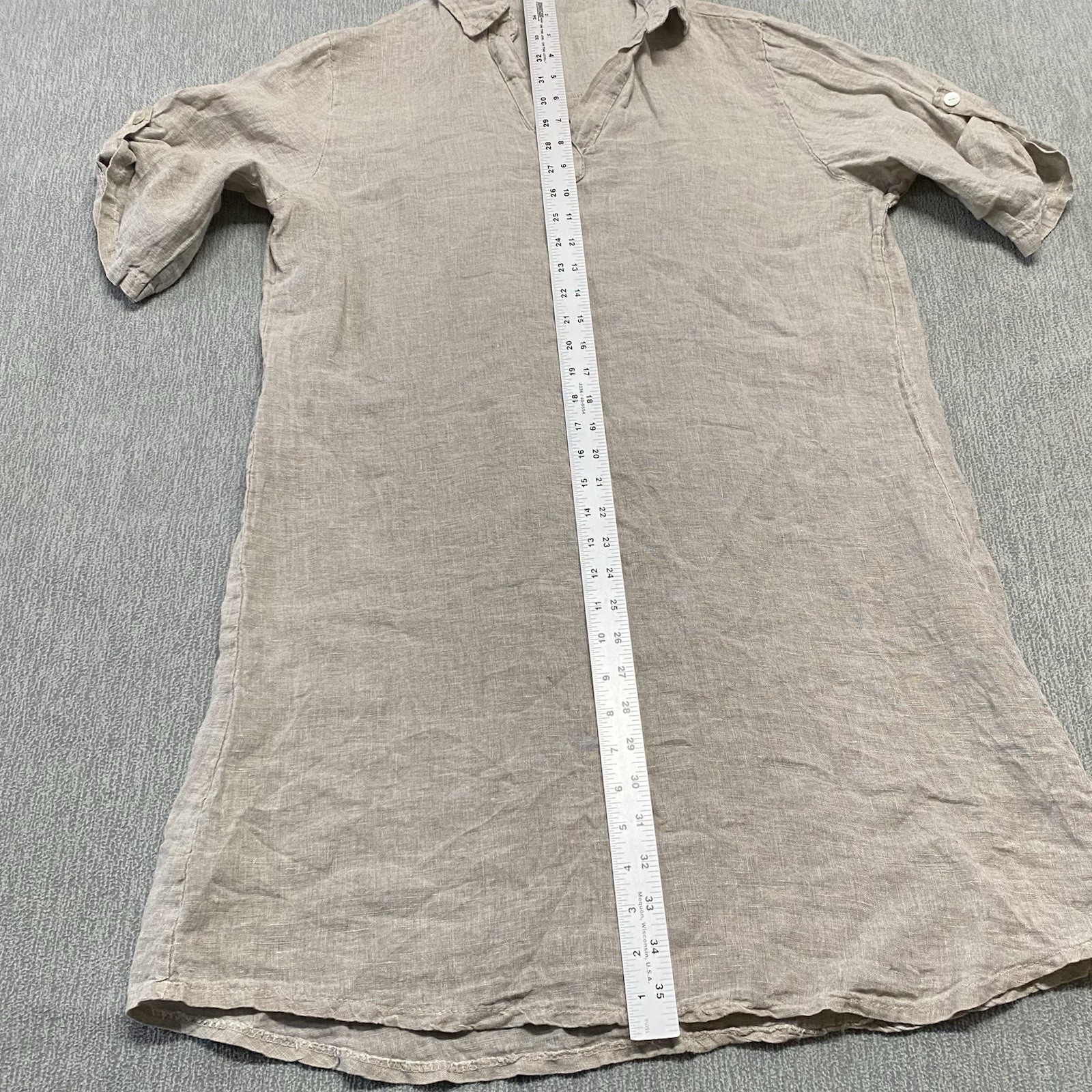 Meo Meli Tunic Top 100% Linen One Size Taupe Sand Pullover Roll Tab Short Sleeve