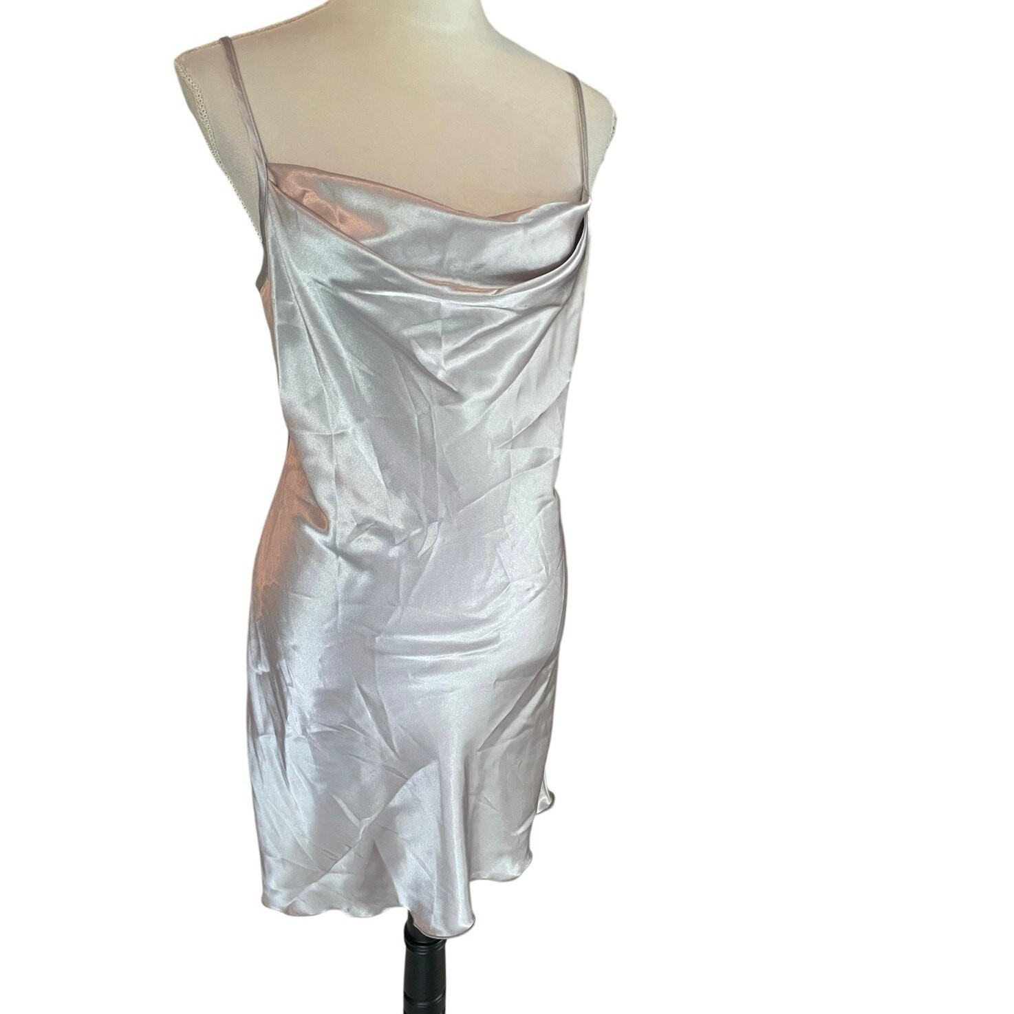 BEBE “Platinum” silver satin slip mini dress