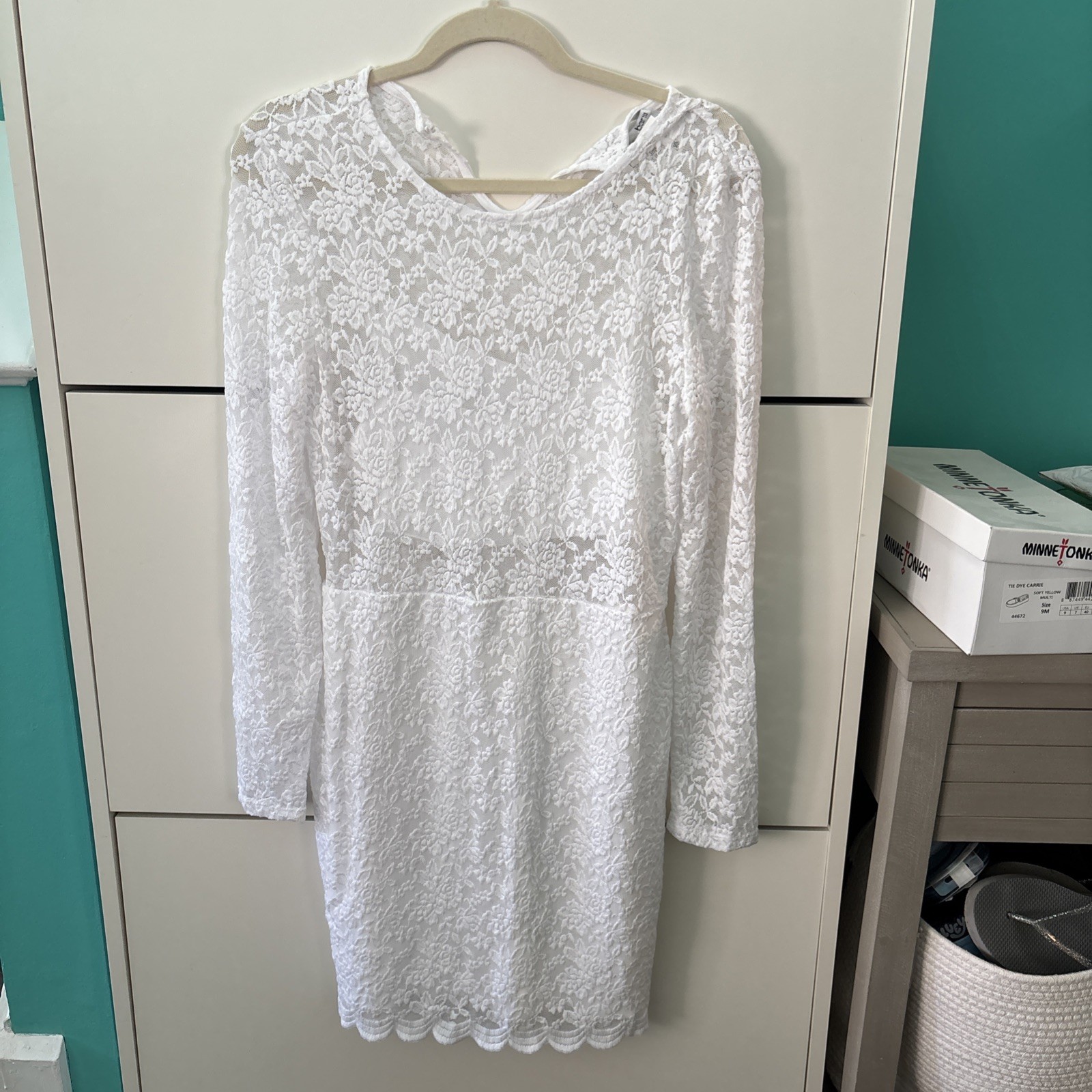 bar III White Floral Lace Long Sleeve Shift Short Dress L NWT