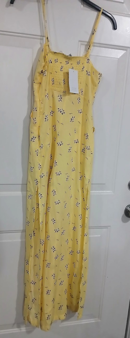 Love Fire Women’s Medium Jumpsuit Yellow Floral Open Leg Slit Side Smocked