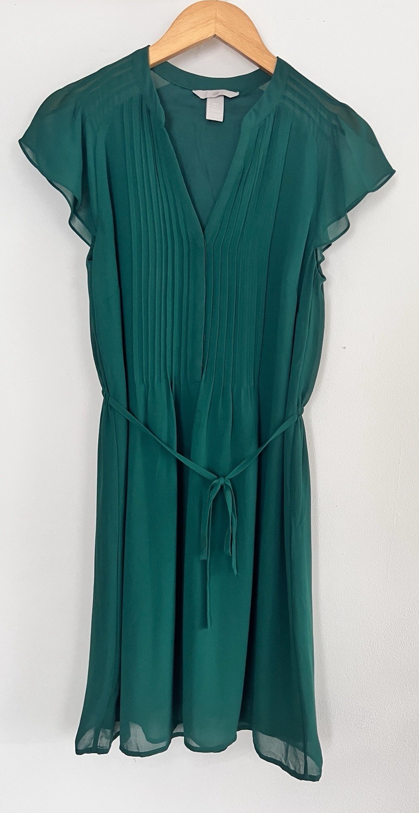 Women’s H&M Size 6 Belted Stretch Sheer Lined Green Dress Short Sleeve