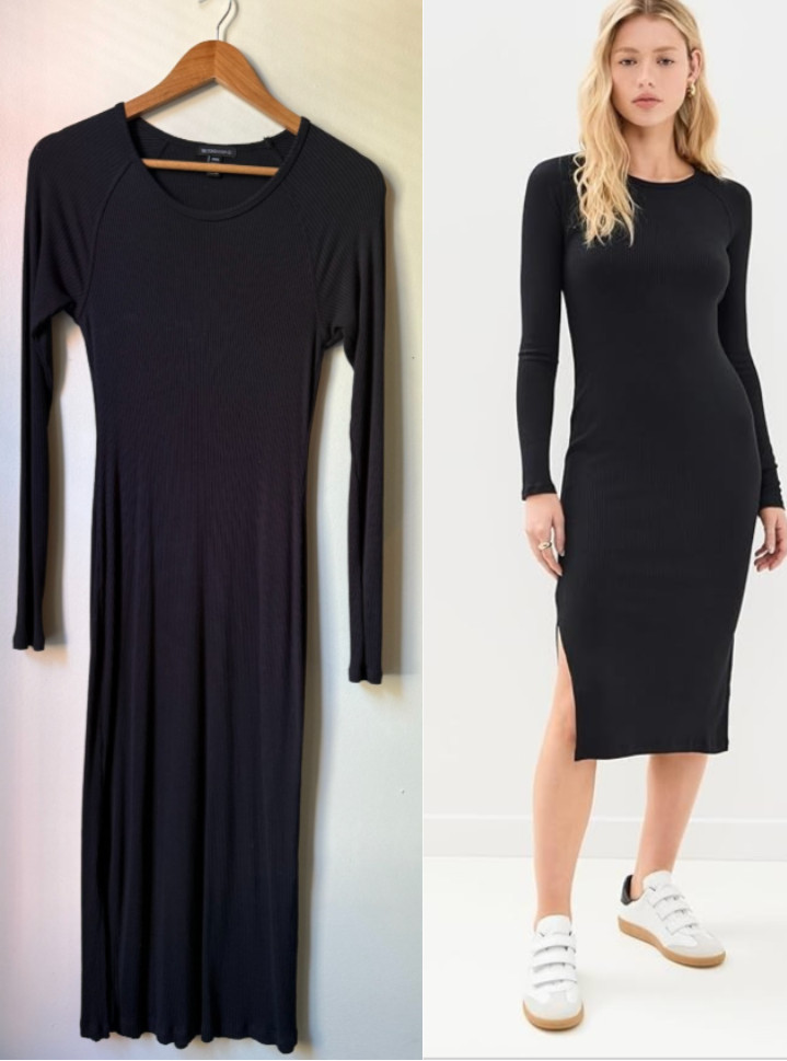 Beyond Yoga Contours Dress M Black Ribbed Modal Midi Long Sleeve USA EUC