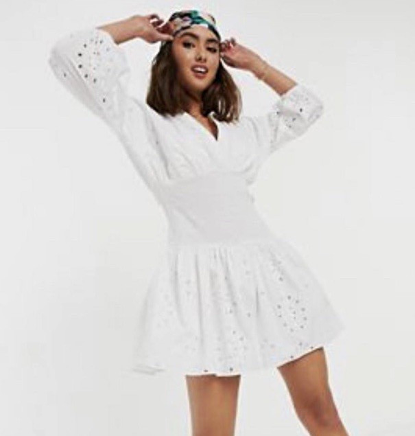ASOS DESIGN White Eyelet Cotton Smocked Waist Collared Puff Sleeve Mini Sz 8
