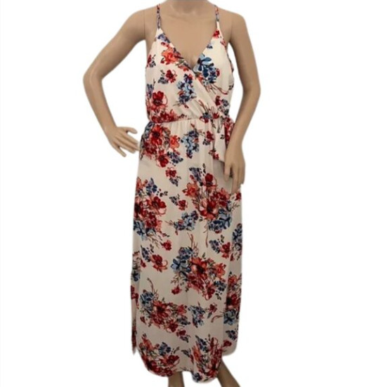Scobe Cream Red Blue Floral Maxi Dress Wrap-Style Front Spaghetti Straps -Size M