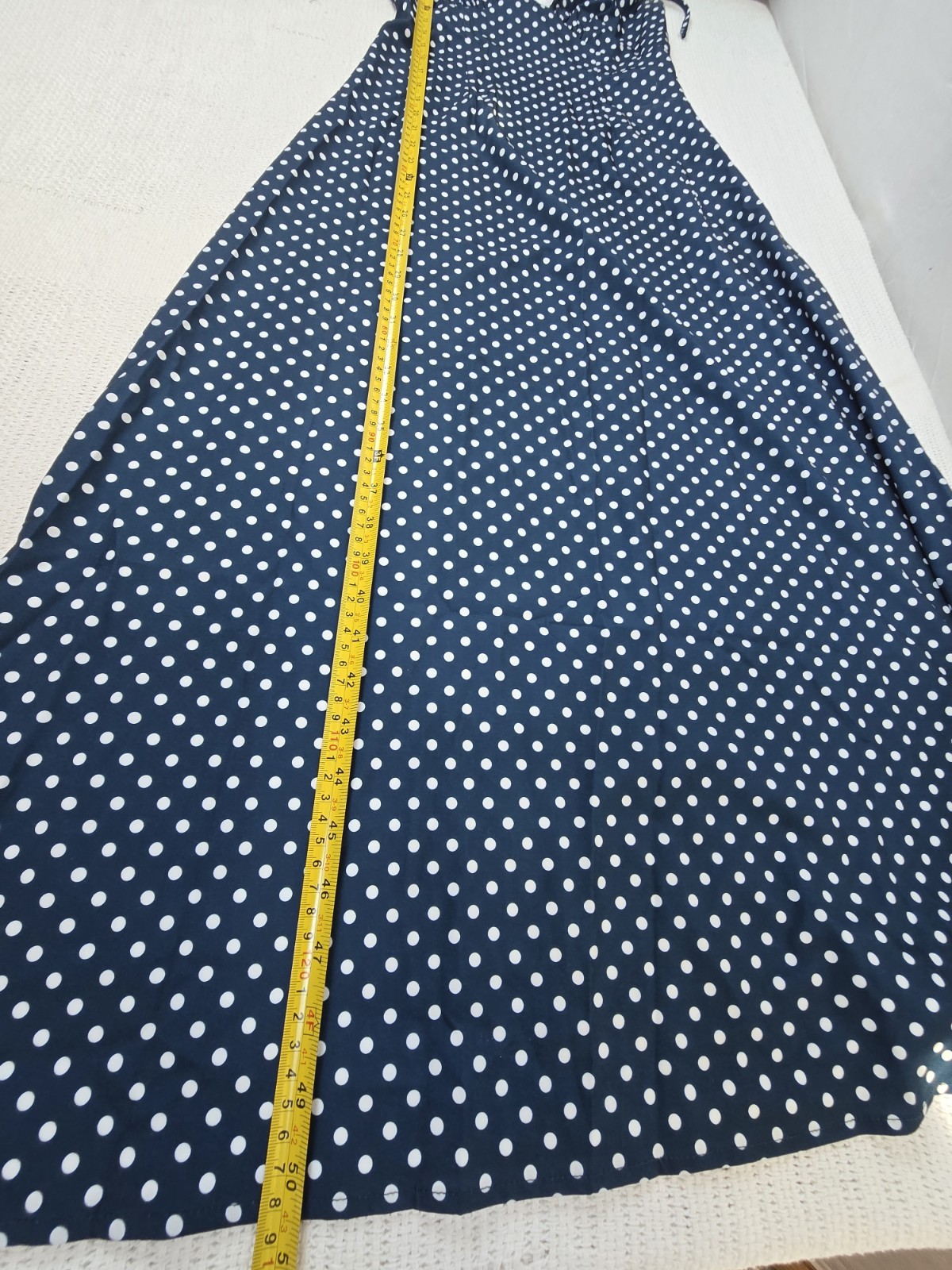 RIHOAS Navy White Polka Dot Lace Trim V-Neck Maxi Dress XS Short Sleeve