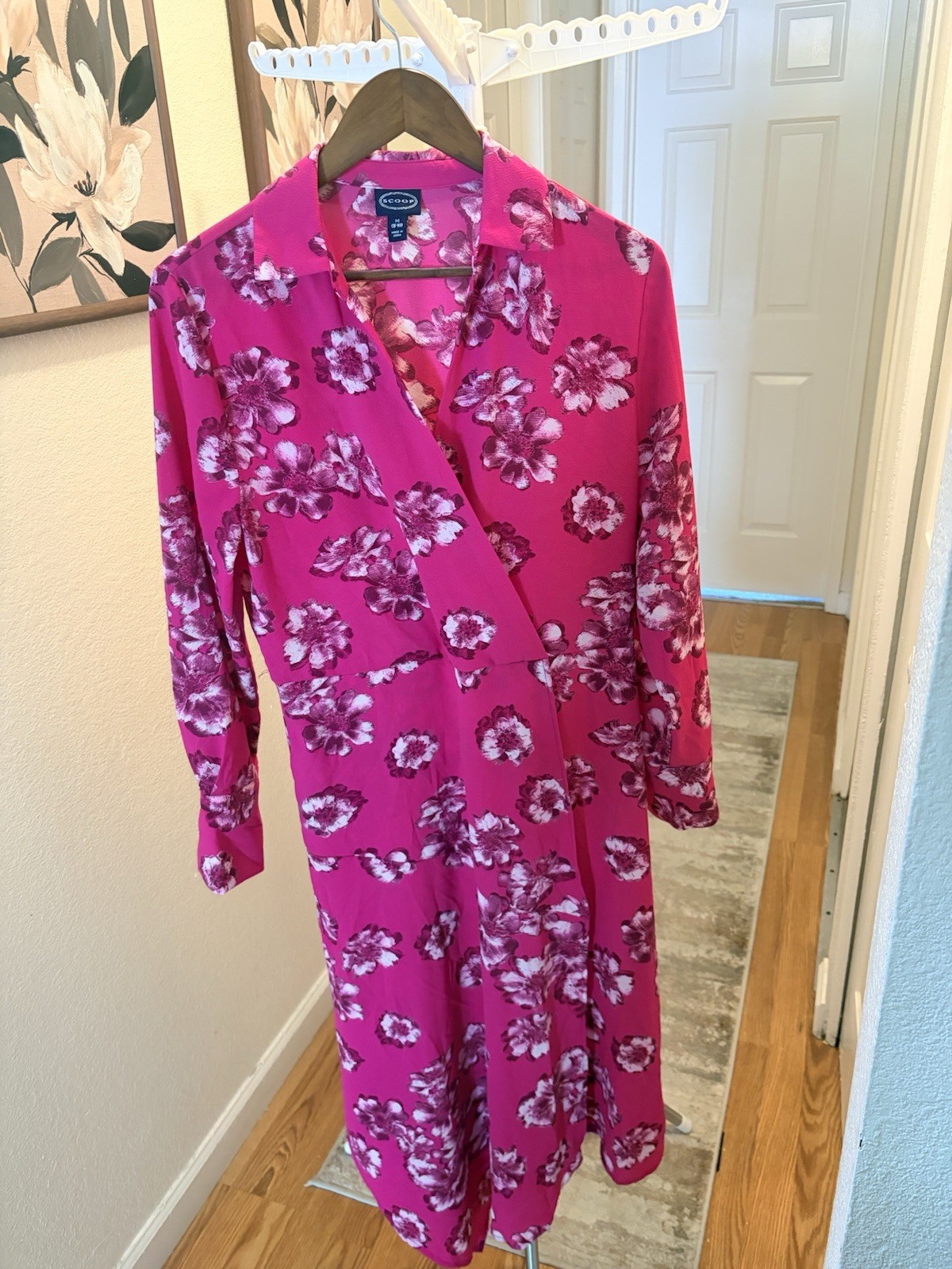 Scoop Pink Floral Wrap Midi Dress Long Sleeve V-Neck Women’s Size M