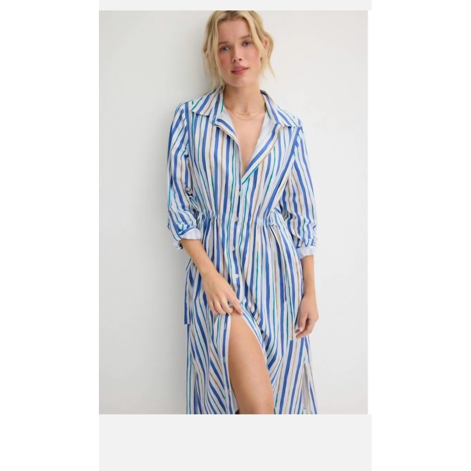 Nic+Zoe Stripe Shirtdress Blue Multi Button Front Midi Dress M251909 Size S