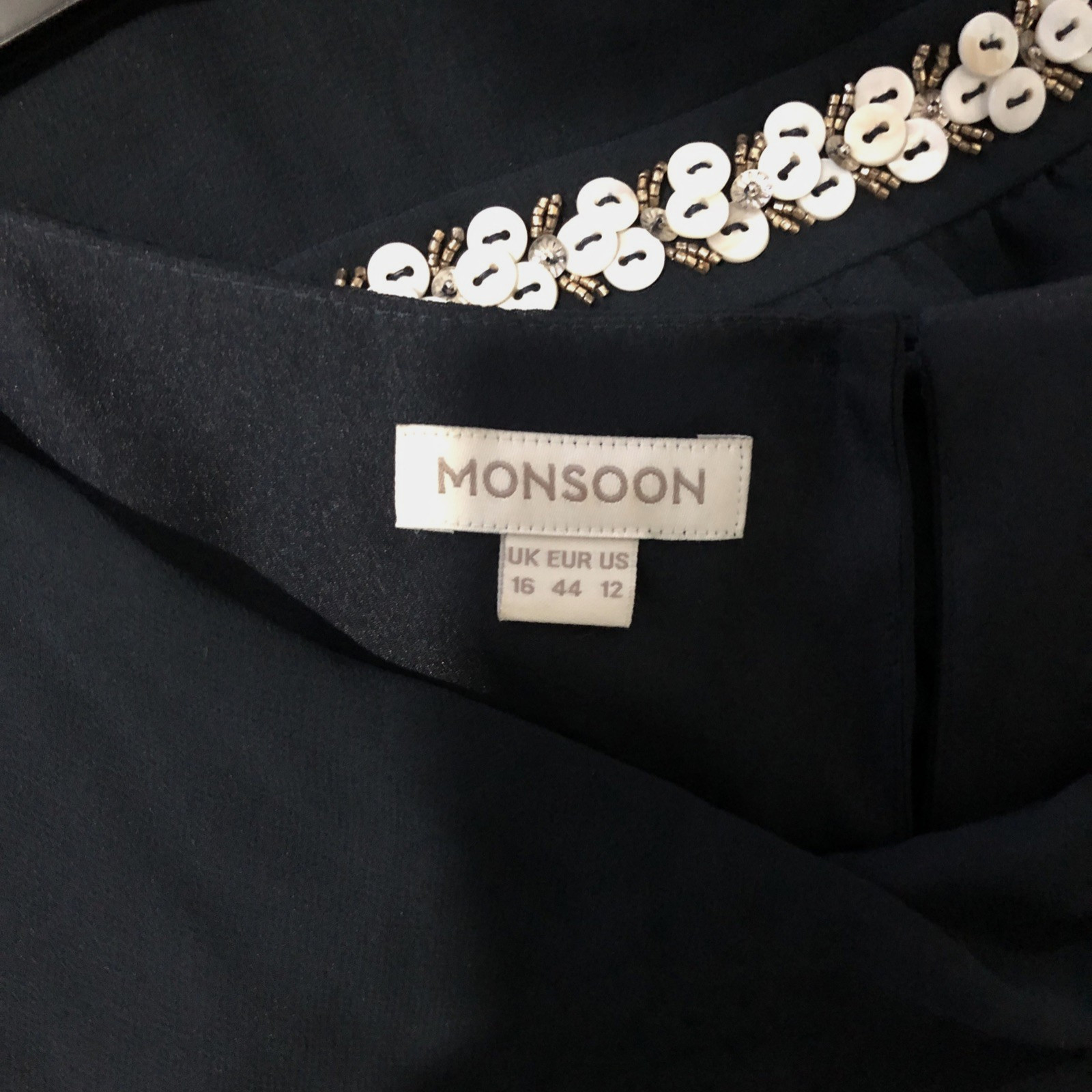 Monsoon Size 16 Pit To Pit 20in Navy Bead/Button Embellished Lined Dress VGC