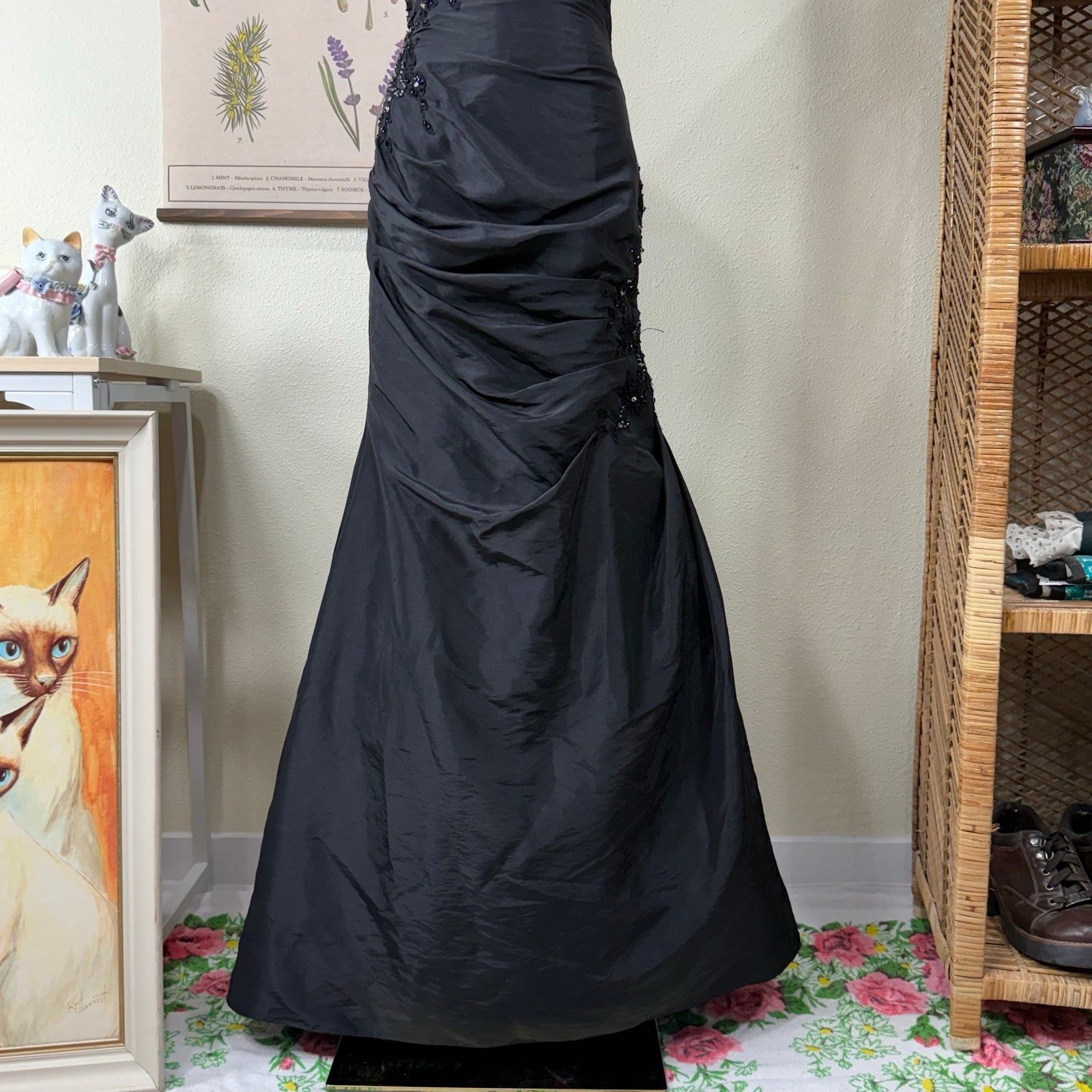 90s Y2k Beaded Floral Corset Back Ruched Formal Dress Romanitc Goth Sexy Glam XS