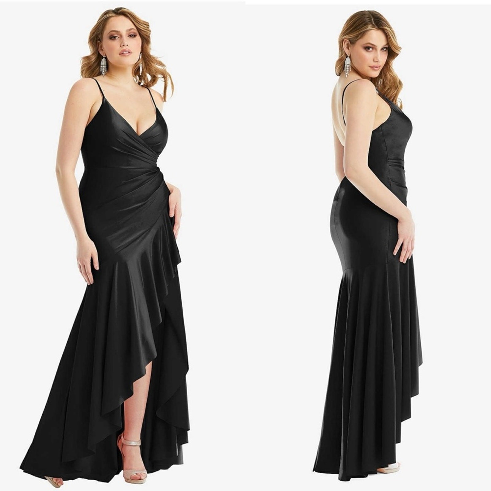 CYNTHIA & SAHAR Gabriella Ruffled High Low Stretch Satin Gown in Black Size XL
