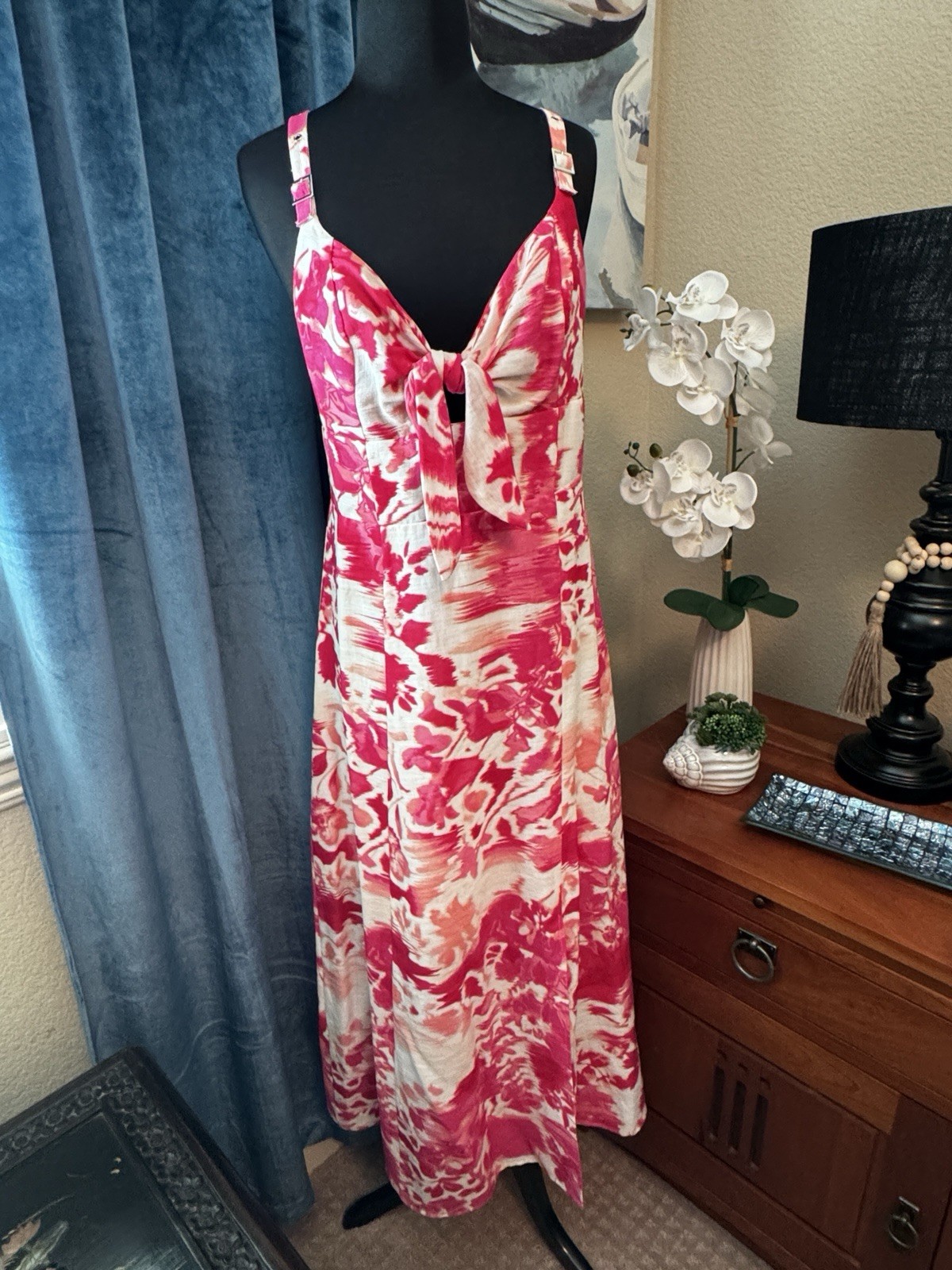 DKNY Women’s Pink & White Watercolors Criss-cross Strap Midi Dress Size 6