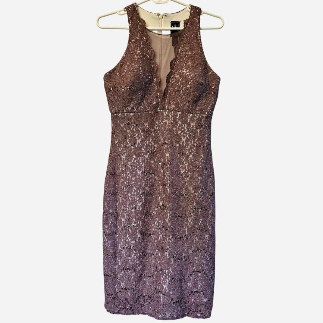 Nightway Women’s Size 8 Brown Lace Sequin V-Neck Sleeveless Sheath Dress