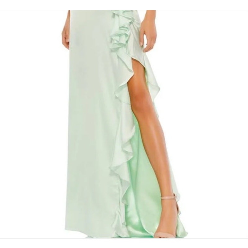 Mac Duggal Green Satin Ruffled Sleevless Prom Maxi Gown Dress Size 2 67815 NEW