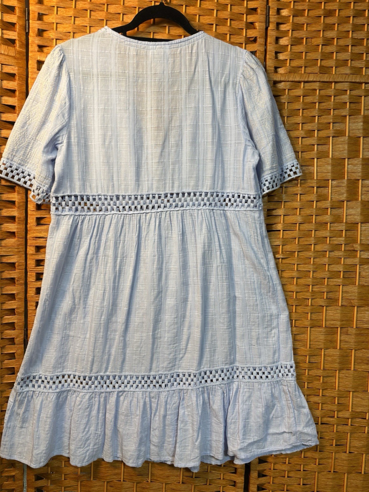 Knox Rose Light Blue V-Neck Puff A-Line Women Dress Crochet Embroidered M 2162