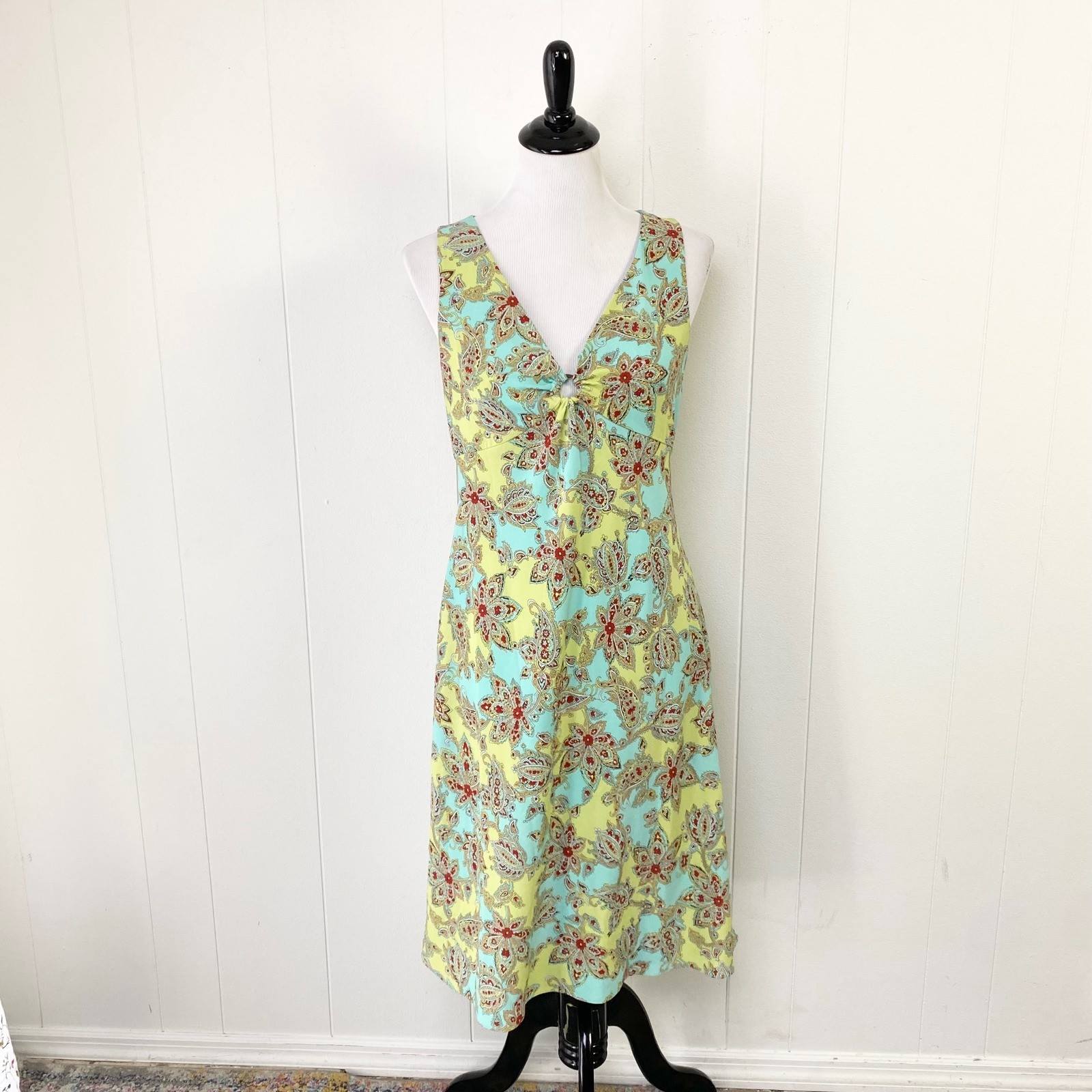 Ann Taylor Loft Women Paisley V-Neck Ring Detail Midi Dress Blue Green Size 6