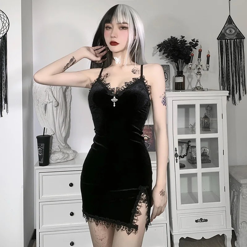 Black Mini Dress Vintage Sexy Spaghetti Strap Slit Dresses Goth Party Club Women